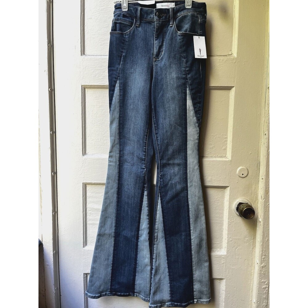 Y2K Two Tone Skinny Jeans Sz 25 High Rise Flare Western Festival Boho Patchwork
